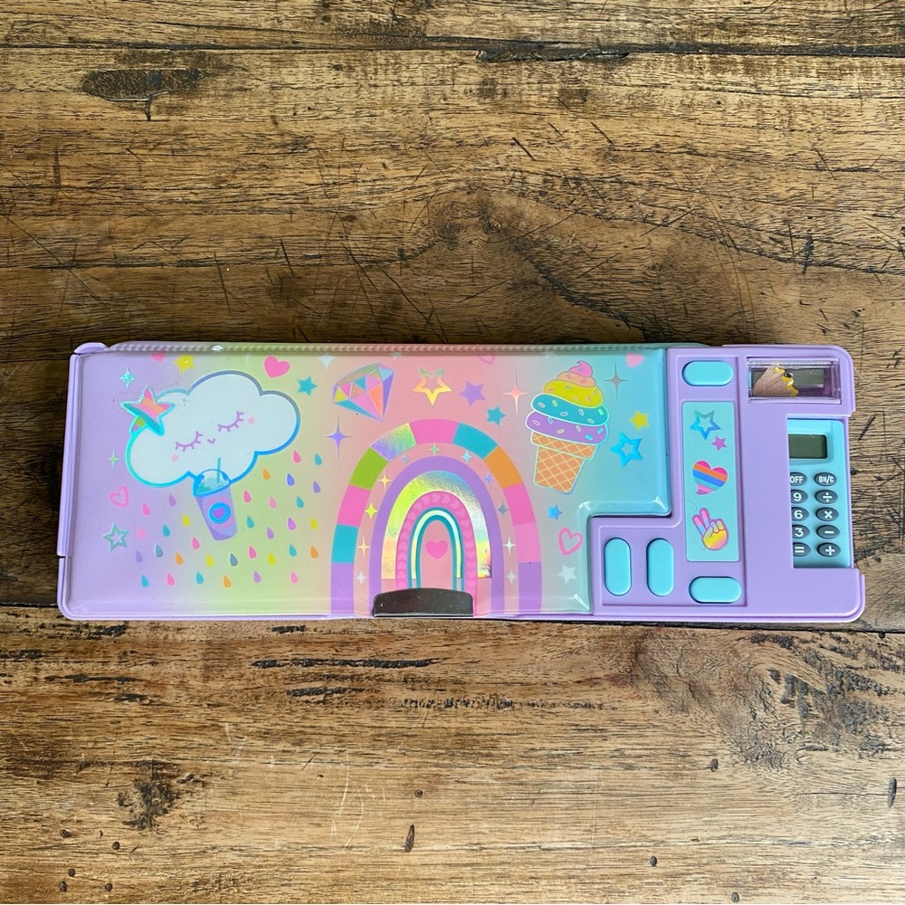 Original Vintage Hot Focus Unicorn Pencil Box Case, All Compartments Still Open